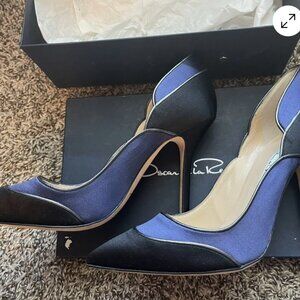 NIB Oscar De La Renta Stiletto Heels NAVY BLACK SATIN Colorblock 40 US 10 $750